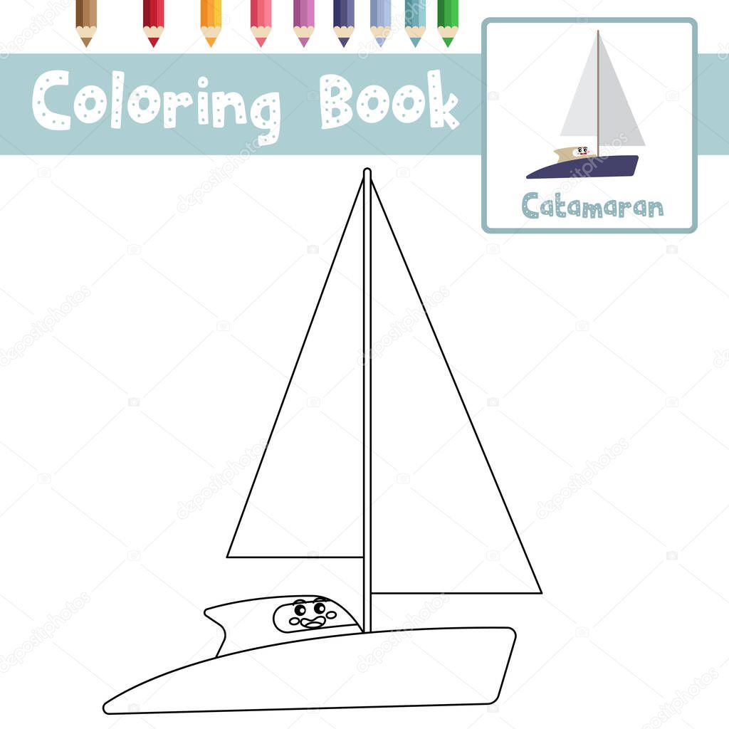 Coloring page of cute Catamaran cartoon character side view transportations for preschool kids activity educational worksheet. Vector Illustration.