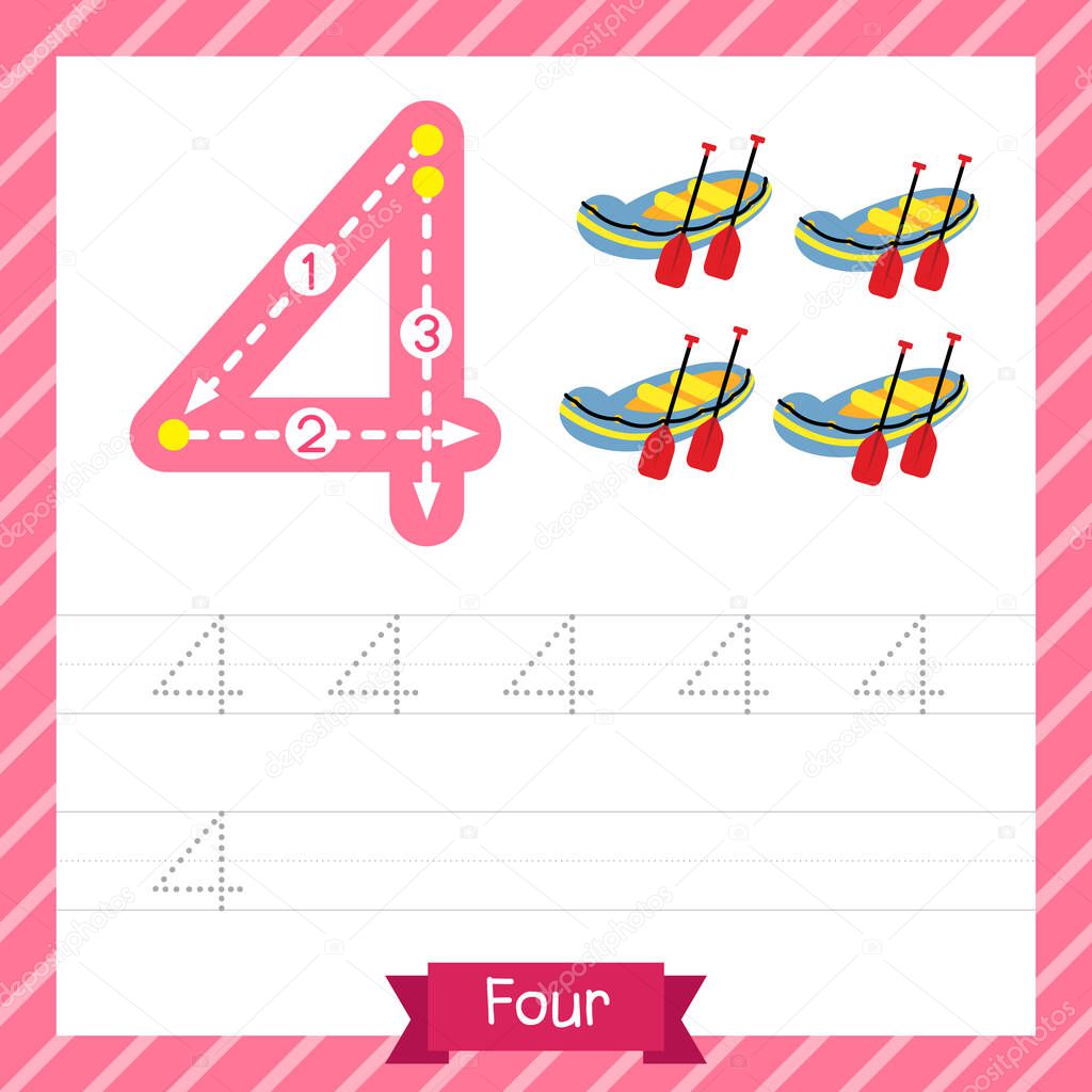 Number four tracing practice worksheet with 4 rafts for kids learning to count and to write. Vector Illustration.