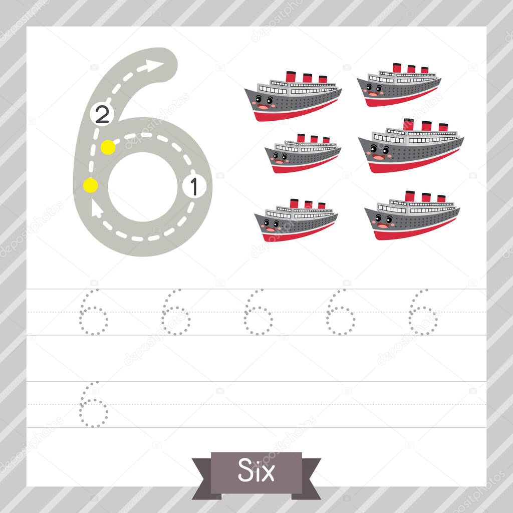Number six tracing practice worksheet with 6 ocean liners for kids learning to count and to write. Vector Illustration.