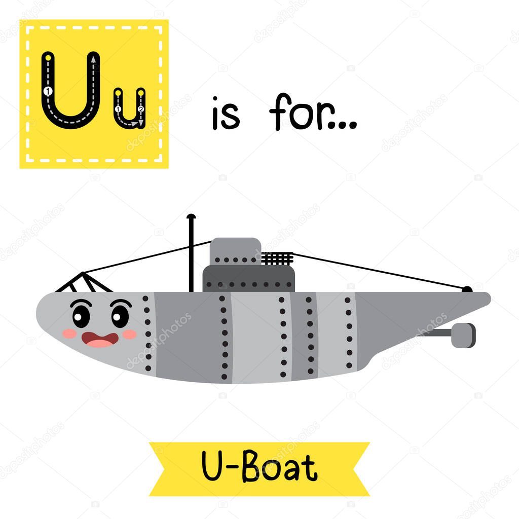 Letter U cute children colorful transportations ABC alphabet tracing flashcard of U-Boat for kids learning English vocabulary Vector Illustration.