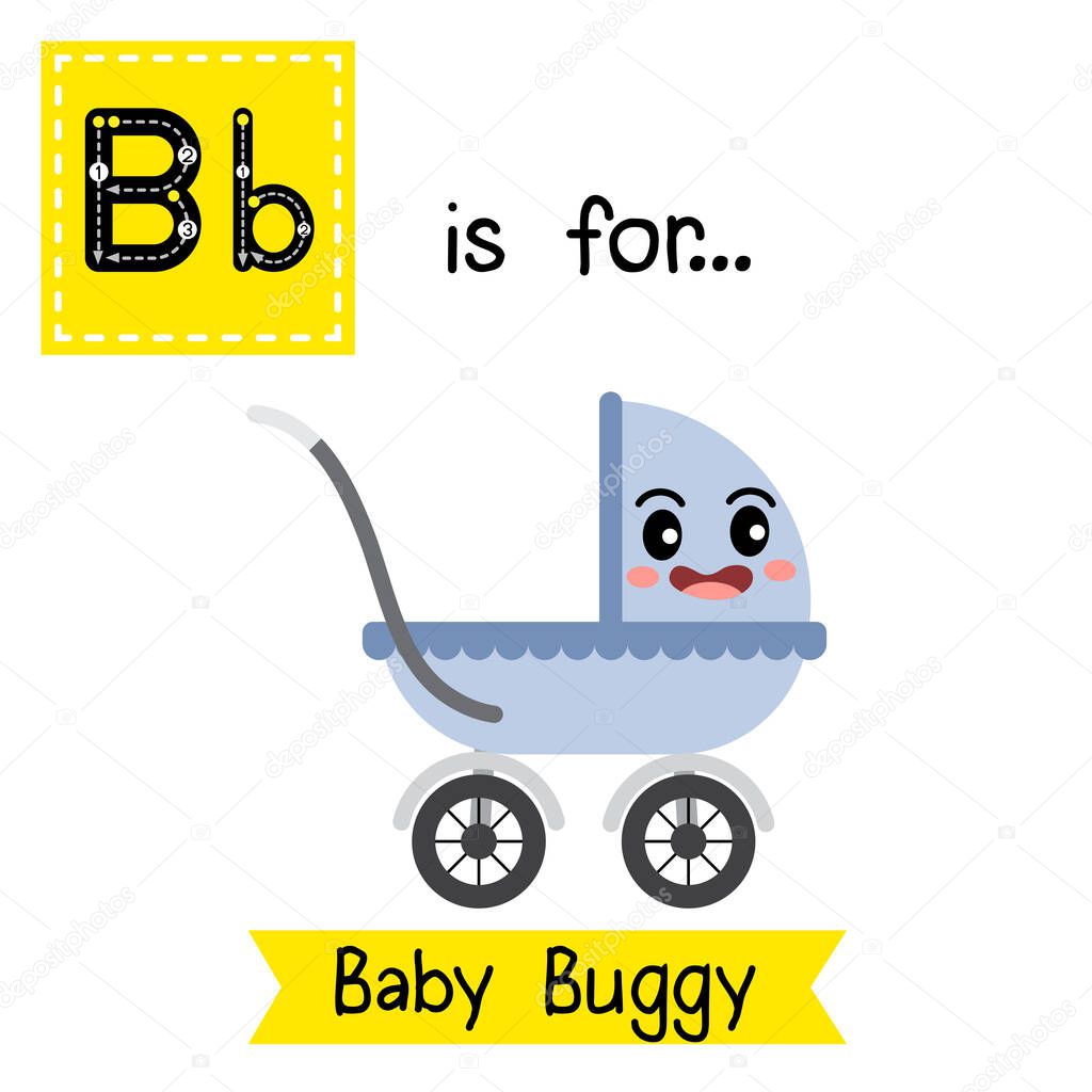 Letter B cute children colorful transportations ABC alphabet tracing flashcard of Baby Buggy for kids learning English vocabulary Vector Illustration.