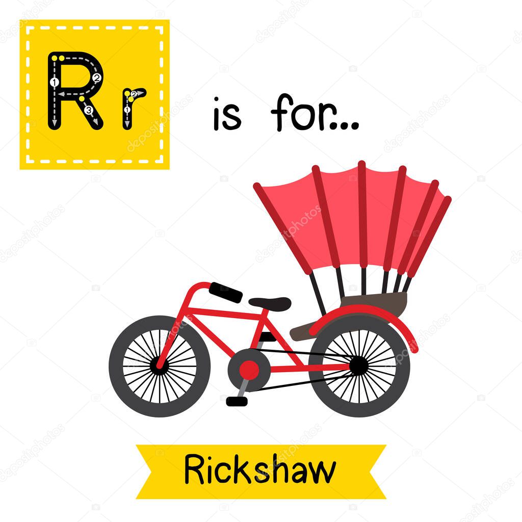 Letter R cute children colorful transportations ABC alphabet tracing flashcard of Rickshaw for kids learning English vocabulary Vector Illustration.