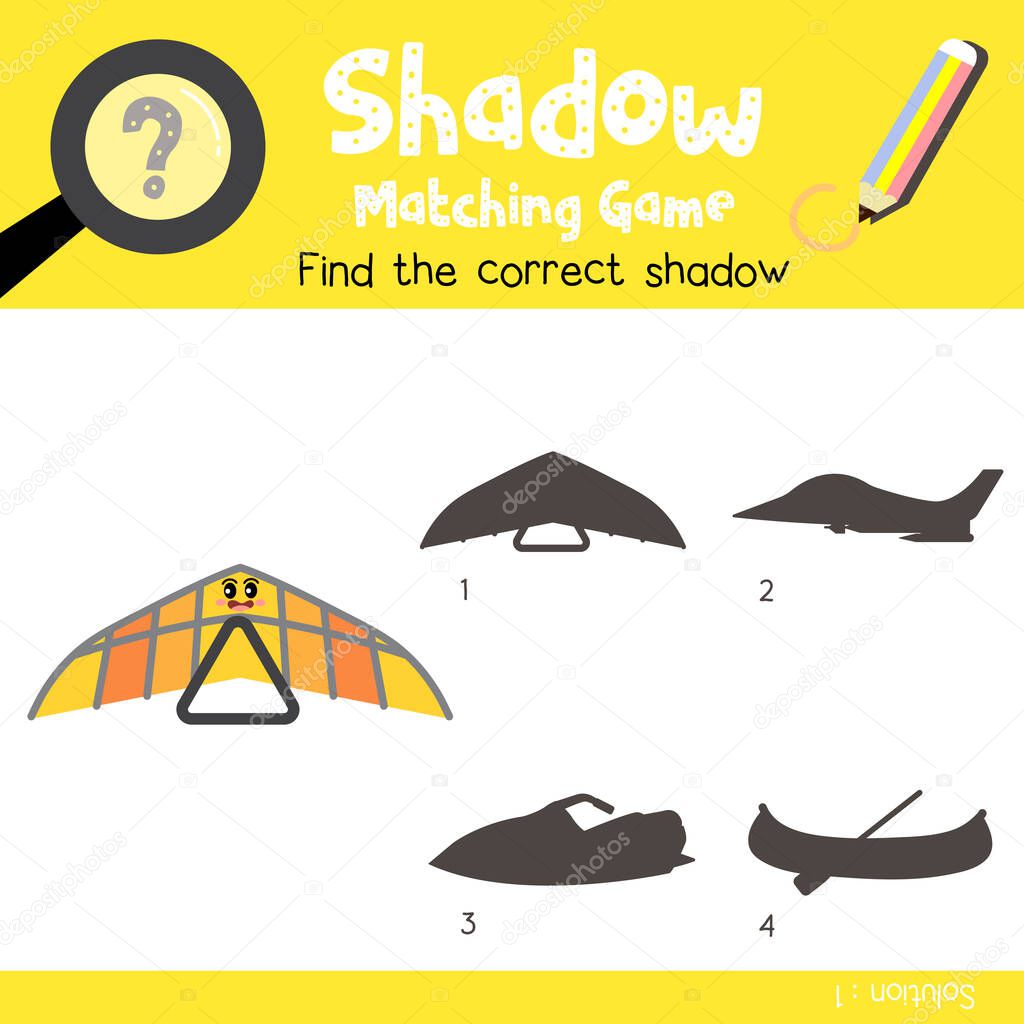 Shadow matching game of Hang Glider cartoon character side view transportations for preschool kids activity worksheet colorful version. Vector Illustration.