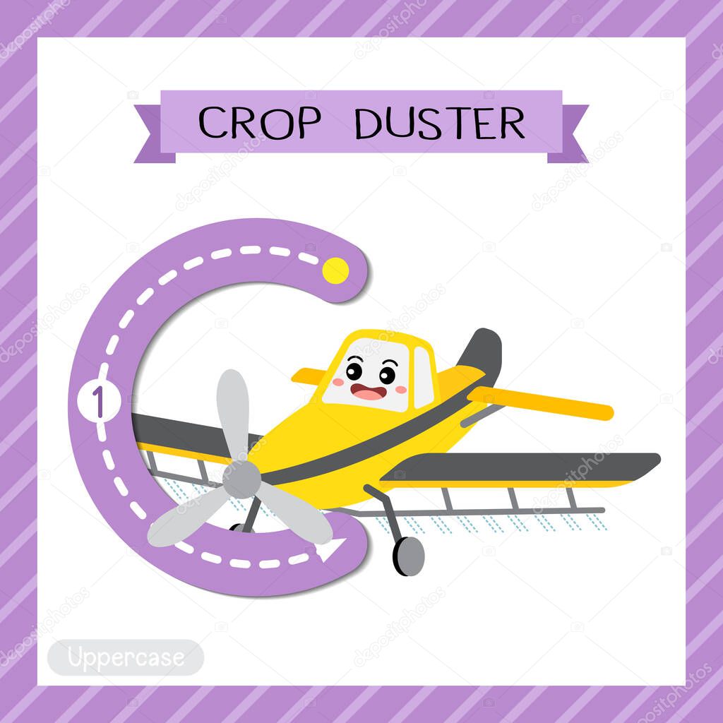 Letter C uppercase cute children colorful transportations ABC alphabet tracing flashcard of Crop Duster for kids learning English vocabulary and handwriting Vector Illustration.