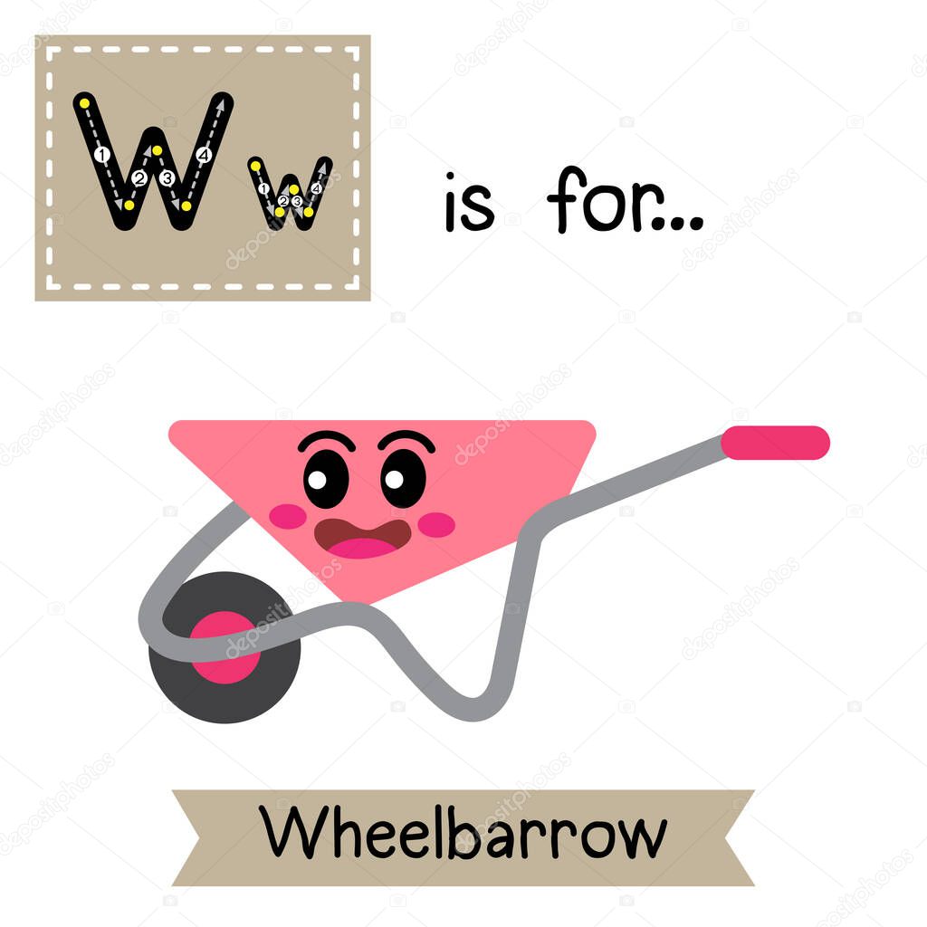 Letter W cute children colorful transportations ABC alphabet tracing flashcard of Wheelbarrow for kids learning English vocabulary Vector Illustration.