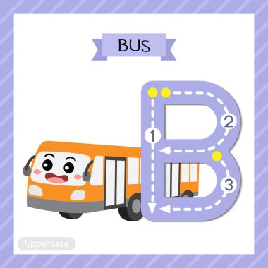 B harfi büyük çocuklar için renkli taşımacılık ABC alfabesi İngilizce kelime bilgisi ve el yazısı Vektör İllüstrasyonunu öğrenen çocuklar için Bus 'un flaş kartını takip ediyor.
