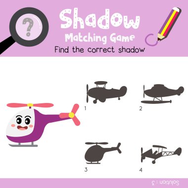 Shadow matching game of Helicopter cartoon character side view transportations for preschool kids activity worksheet colorful version. Vector Illustration. clipart