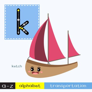 Letter K lowercase children colorful transportations ABC alphabet tracing flashcard for kids learning English vocabulary and handwriting Vector Illustration. clipart
