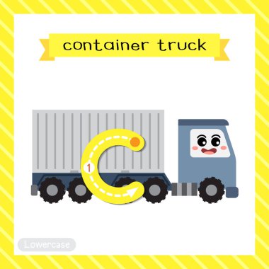 C harfi küçük çocuklar için renkli ulaşım ABC alfabesi İngilizce kelime dağarcığı ve el yazısı vektörü ilüstrasyonunu öğrenen çocuklar için konteyner kamyonunun flaş kartını takip ediyor.
