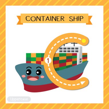 C harfi büyük çocuklar için renkli ulaşım ABC alfabesi İngilizce kelime bilgisi ve el yazısı vektörü ilüstrasyonunu öğrenen çocuklar için konteyner gemisinin flaş kartını takip ediyor.