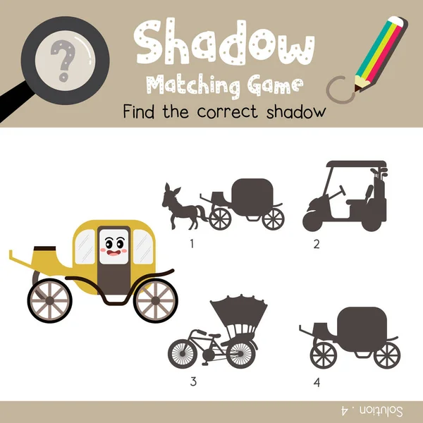 Shadow Matching Game Carriage Cartoon Character Side View Transportations Preschool — Stock Vector