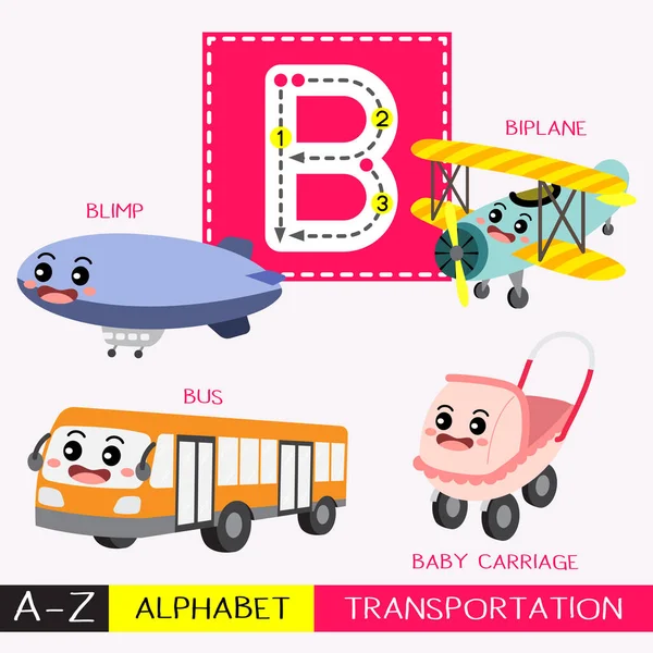 Lettre Majuscules Enfants Transports Colorés Abc Alphabet Traçage Fiche Vocabulaire — Image vectorielle