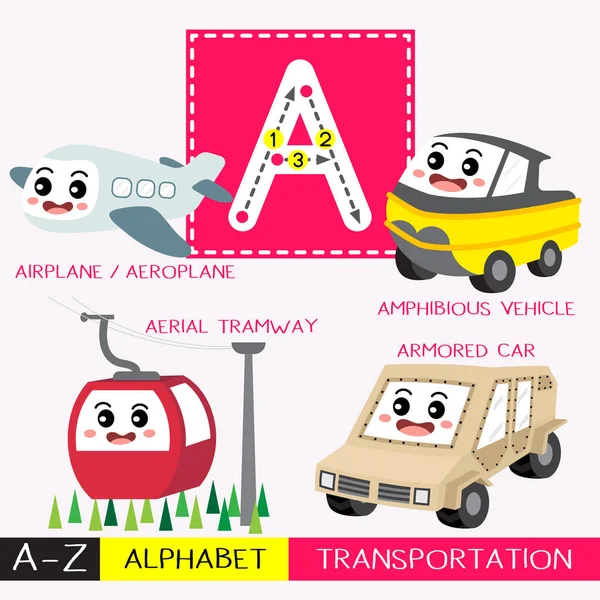 Letter Uppercase Children Colorful Transportations Abc Alphabet Tracing Flashcard Kids — стоковый вектор