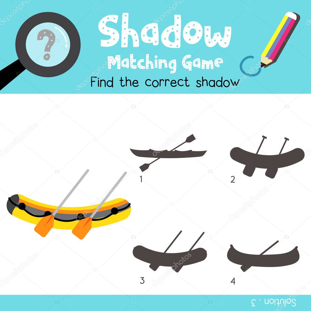 Shadow matching game of Liferaft cartoon character side view transportations for preschool kids activity worksheet colorful version. Vector Illustration.
