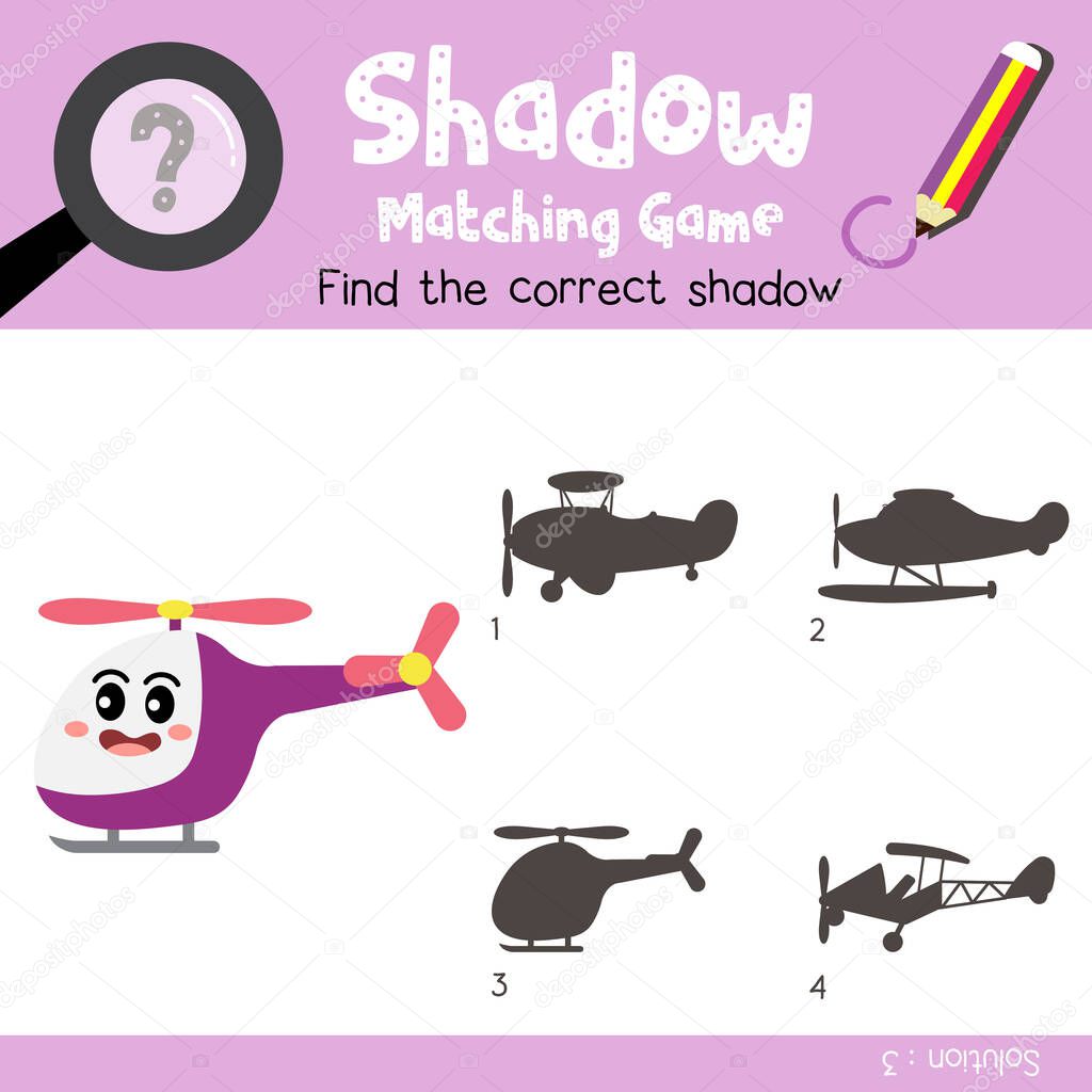 Shadow matching game of Helicopter cartoon character side view transportations for preschool kids activity worksheet colorful version. Vector Illustration.