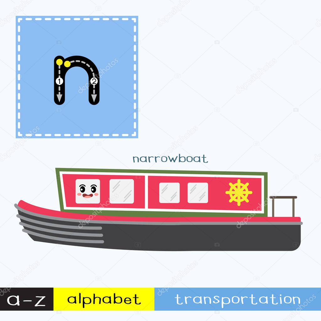 Letter N lowercase children colorful transportations ABC alphabet tracing flashcard for kids learning English vocabulary and handwriting Vector Illustration.