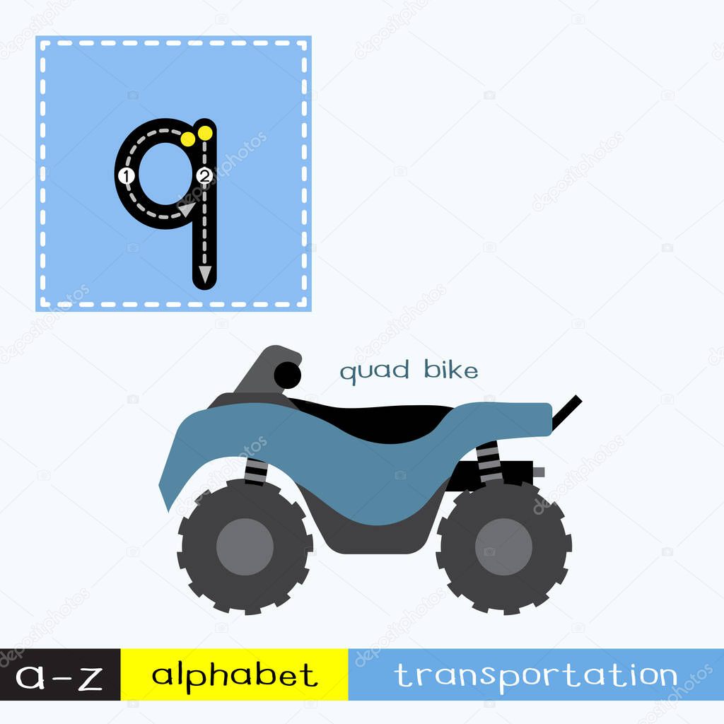 Letter Q lowercase children colorful transportations ABC alphabet tracing flashcard for kids learning English vocabulary and handwriting Vector Illustration.