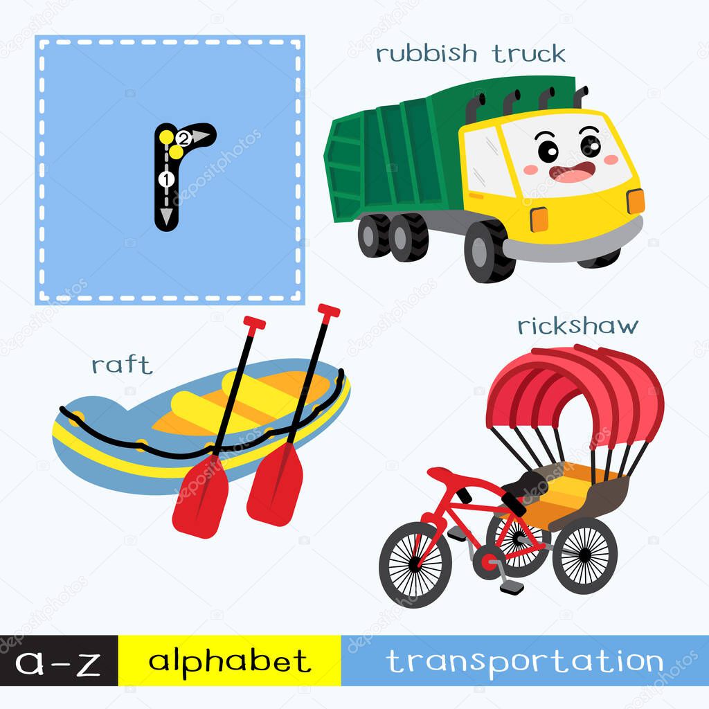 Letter R lowercase children colorful transportations ABC alphabet tracing flashcard for kids learning English vocabulary and handwriting Vector Illustration.