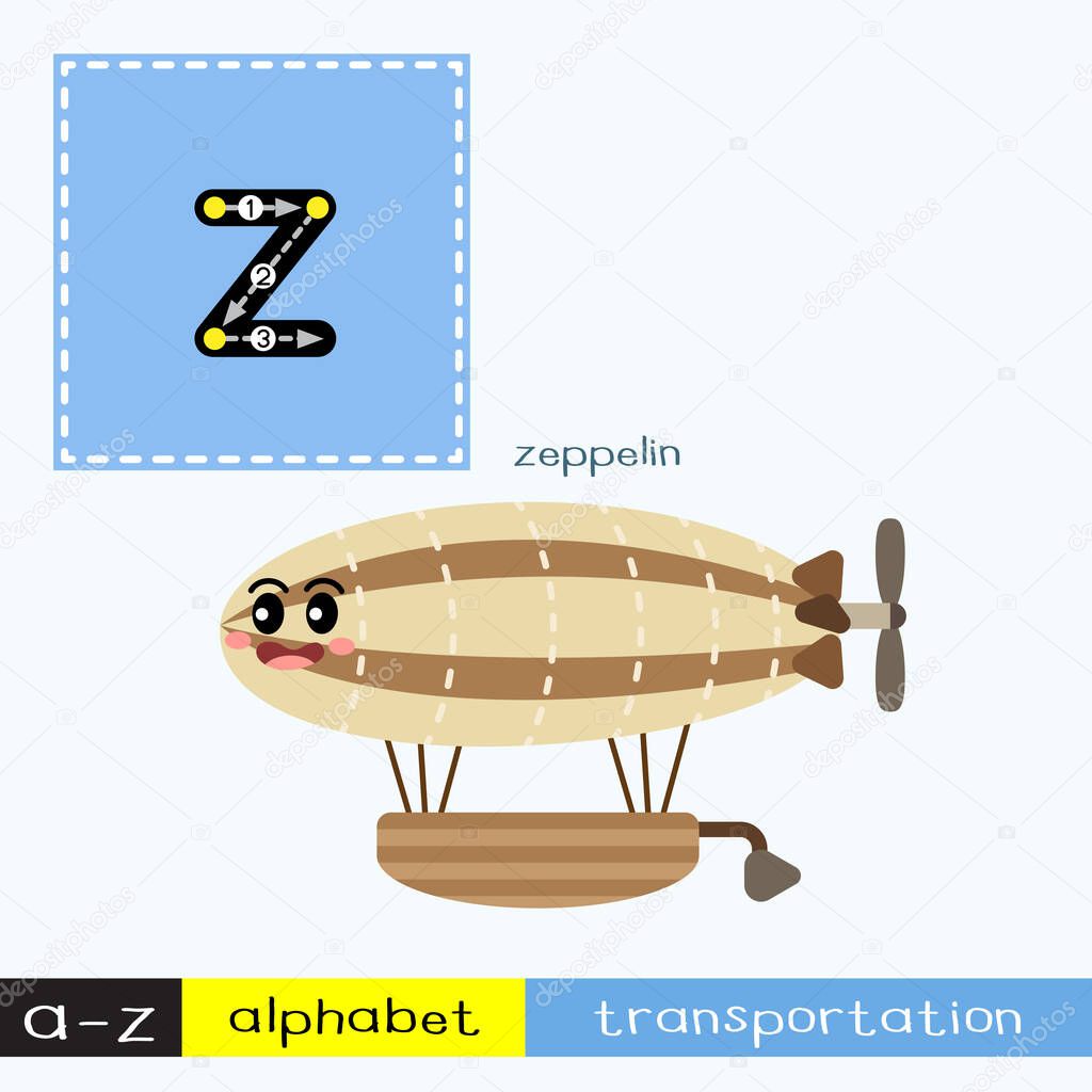 Letter Z lowercase children colorful transportations ABC alphabet tracing flashcard for kids learning English vocabulary and handwriting Vector Illustration.