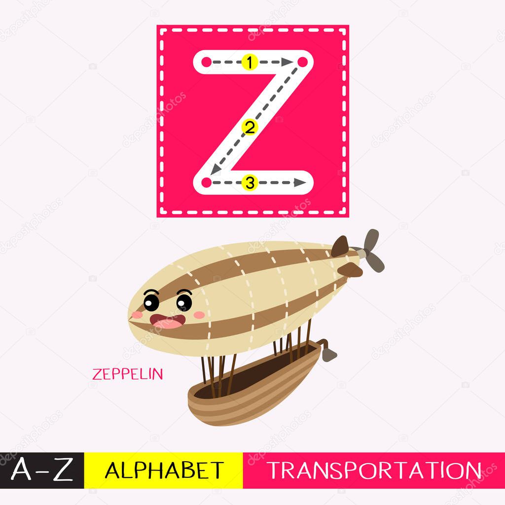 Letter Z uppercase children colorful transportations ABC alphabet tracing flashcard for kids learning English vocabulary and handwriting Vector Illustration.