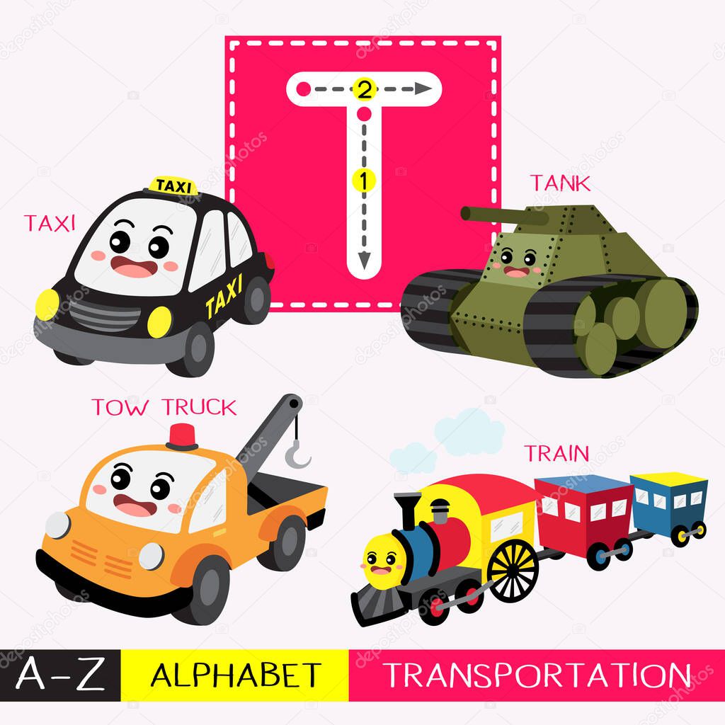 Letter T uppercase children colorful transportations ABC alphabet tracing flashcard for kids learning English vocabulary and handwriting Vector Illustration.