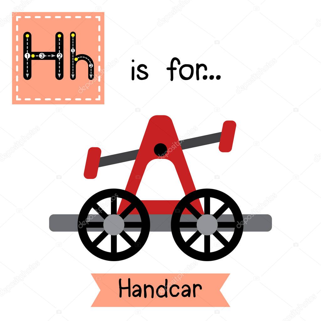 Letter H cute children colorful transportations ABC alphabet tracing flashcard of Handcar for kids learning English vocabulary Vector Illustration.