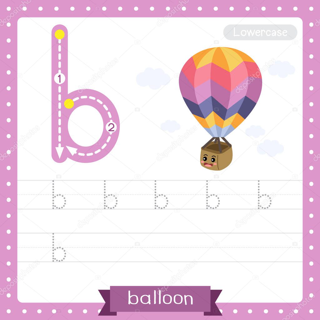Letter B lowercase cute children colorful transportations ABC alphabet tracing practice worksheet of Balloon for kids learning English vocabulary and handwriting Vector Illustration.
