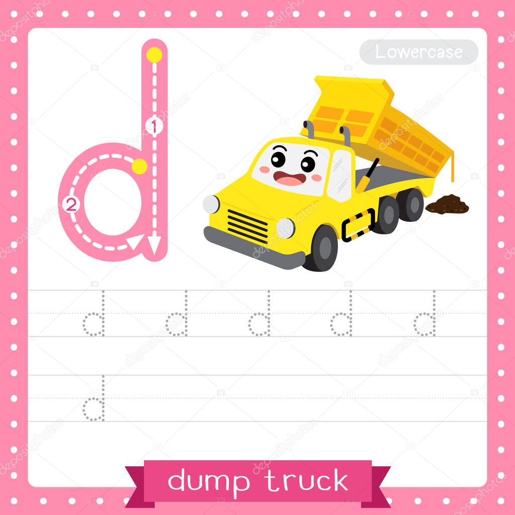 Letter D lowercase cute children colorful transportations ABC alphabet tracing practice worksheet of Dump Truck for kids learning English vocabulary and handwriting Vector Illustration.