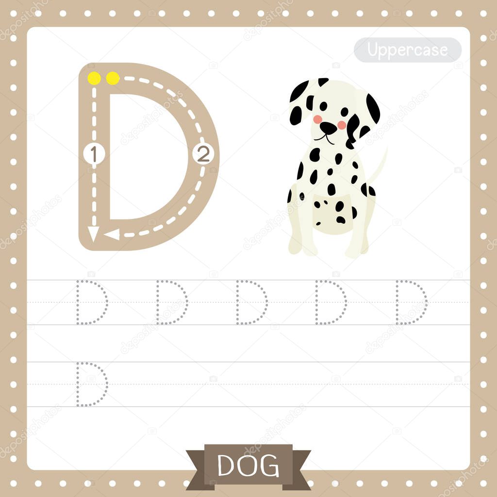 Letter D uppercase cute children colorful zoo and animals ABC alphabet tracing practice worksheet of Dog for kids learning English vocabulary and handwriting vector illustration.