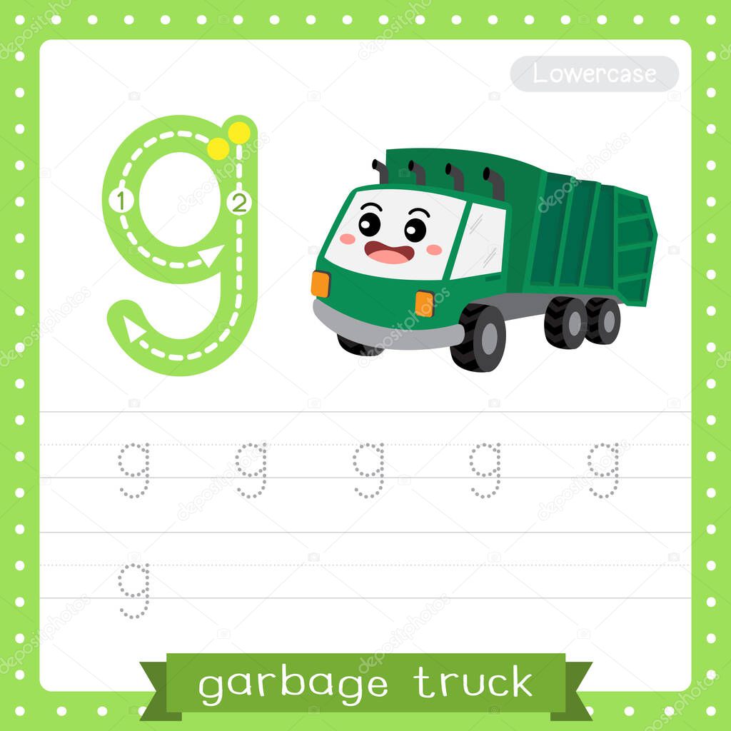 Letter G lowercase cute children colorful transportations ABC alphabet tracing practice worksheet of Garbage Truck for kids learning English vocabulary and handwriting Vector Illustration.