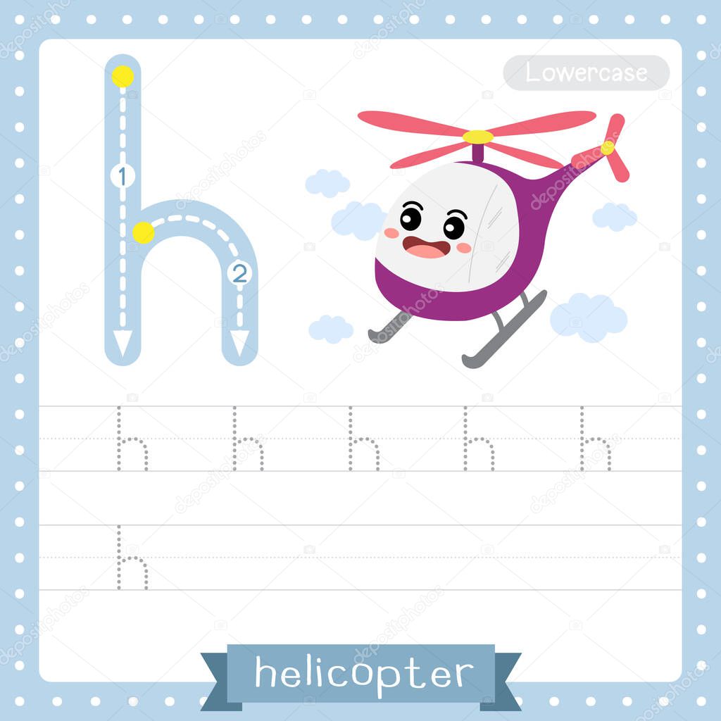 Letter H lowercase cute children colorful transportations ABC alphabet tracing practice worksheet of Helicopter for kids learning English vocabulary and handwriting Vector Illustration.