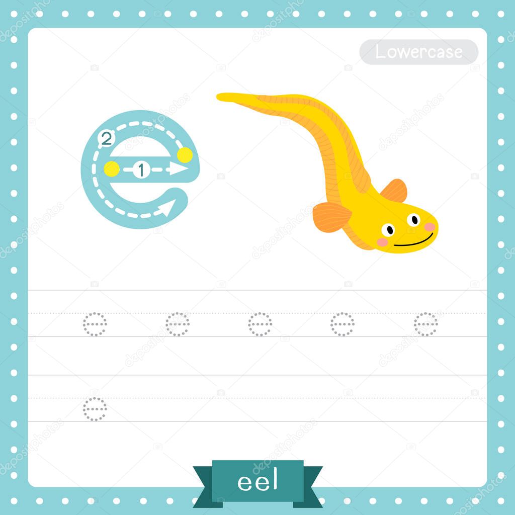 Letter E lowercase cute children colorful zoo and animals ABC alphabet tracing practice worksheet of Yellow Eel for kids learning English vocabulary and handwriting vector illustration.