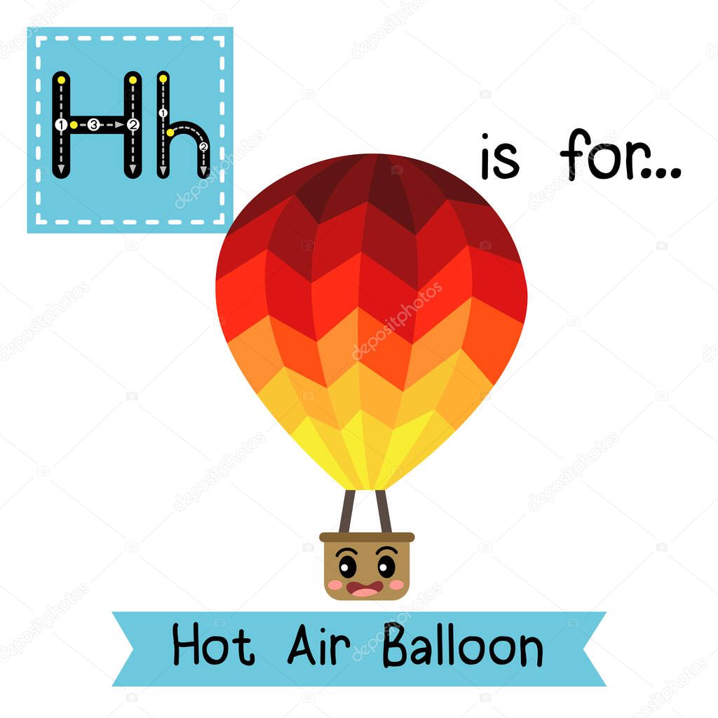 Letter H cute children colorful transportations ABC alphabet tracing flashcard of Hot Air Balloon for kids learning English vocabulary Vector Illustration.