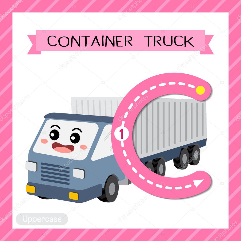 Letter C uppercase cute children colorful transportations ABC alphabet tracing flashcard of Container Truck for kids learning English vocabulary and handwriting Vector Illustration.
