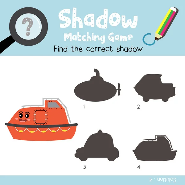 Shadow Matching Game Lifeboat Cartoon Character Side View Transportations Preschool — Stock Vector