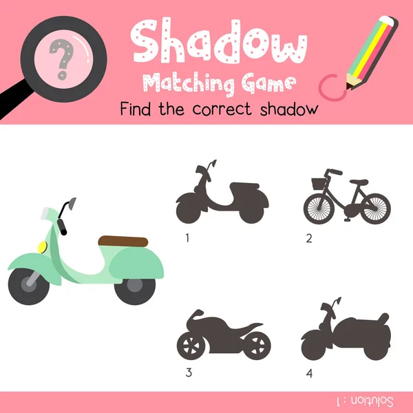 Shadow Matching Game Motor Scooter Cartoon Character Side View Transportations — Stock Vector