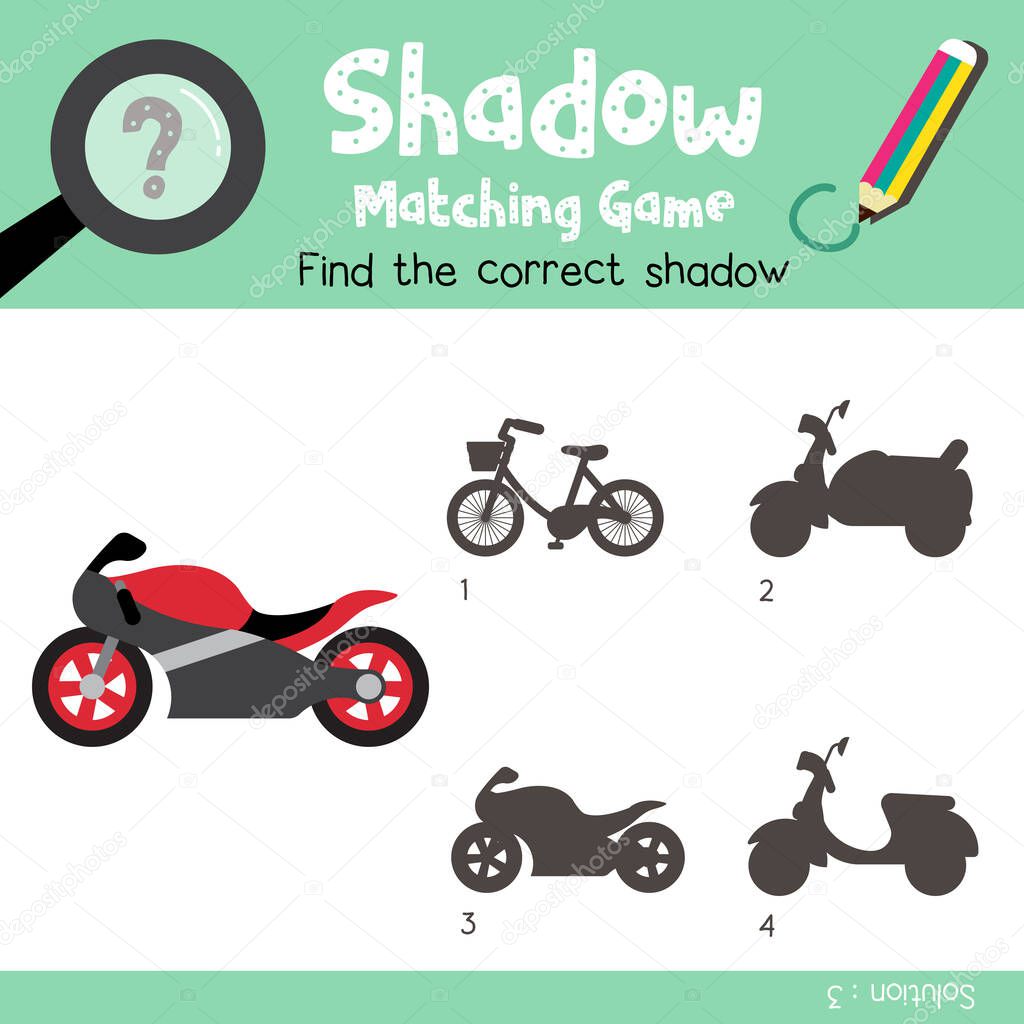 Shadow matching game of Motorcycle cartoon character side view transportations for preschool kids activity worksheet colorful version. Vector Illustration.
