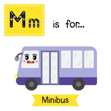 Letter M cute children colorful transportations ABC alphabet tracing flashcard of Minibus for kids learning English vocabulary Vector Illustration. clipart