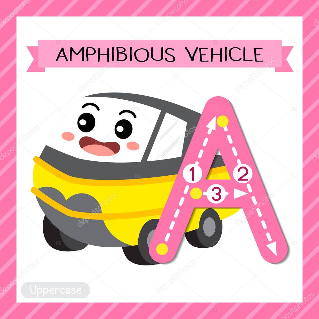 Letter A uppercase cute children colorful transportations ABC alphabet tracing flashcard of Amphibious Vehicle for kids learning English vocabulary and handwriting Vector Illustration.