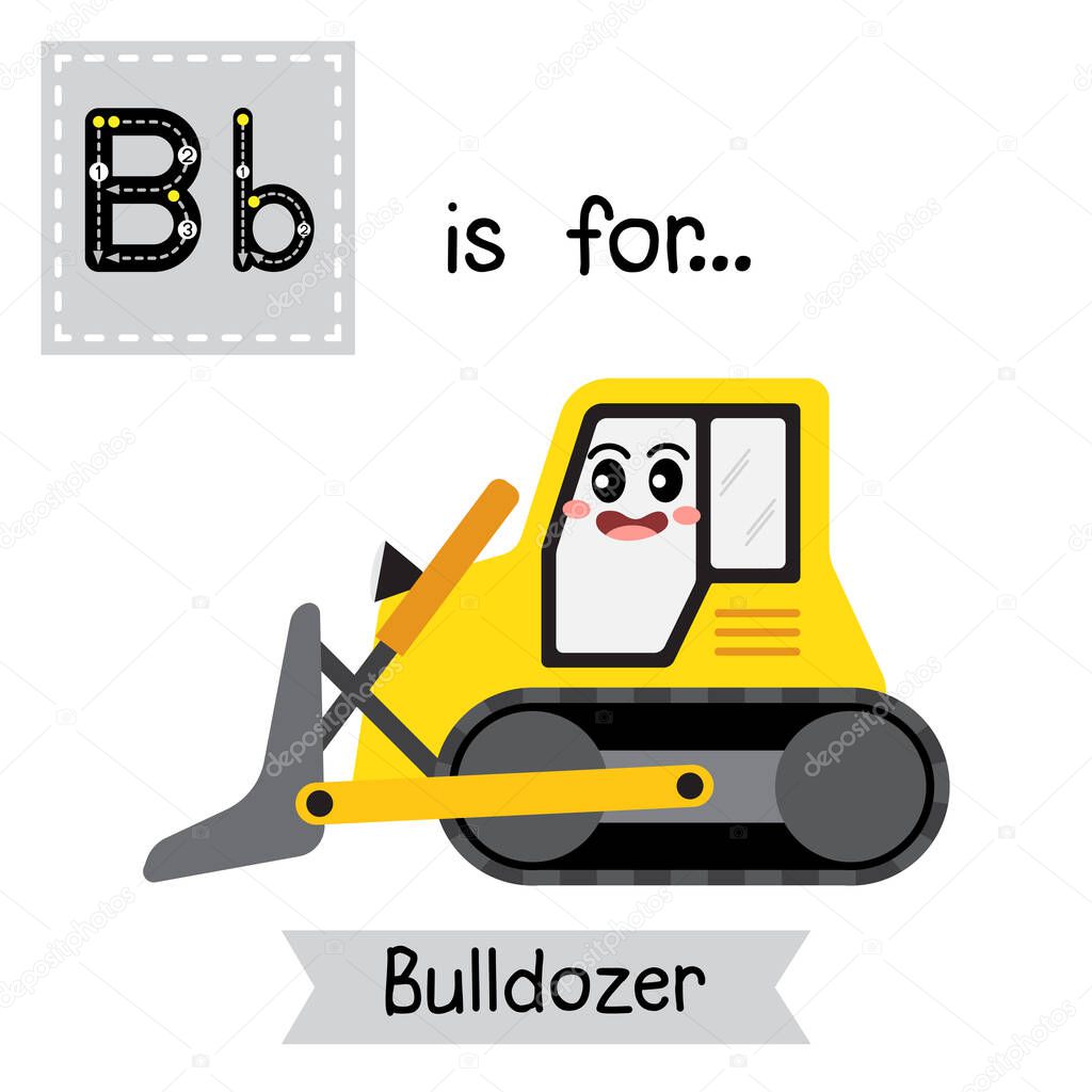 Letter B cute children colorful transportations ABC alphabet tracing flashcard of Bulldozer for kids learning English vocabulary Vector Illustration.