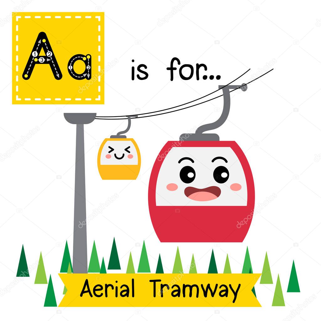 Letter A cute children colorful transportations ABC alphabet tracing flashcard of Aerial Tramway for kids learning English vocabulary Vector Illustration.