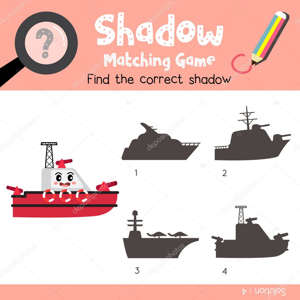 Shadow matching game of Fireboat cartoon character side view transportations for preschool kids activity worksheet colorful version. Vector Illustration.