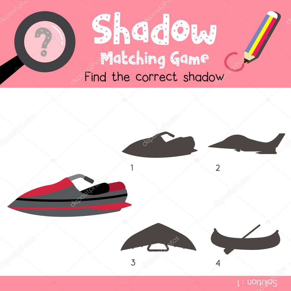 Shadow matching game of Jet Ski cartoon character side view transportations for preschool kids activity worksheet colorful version. Vector Illustration.