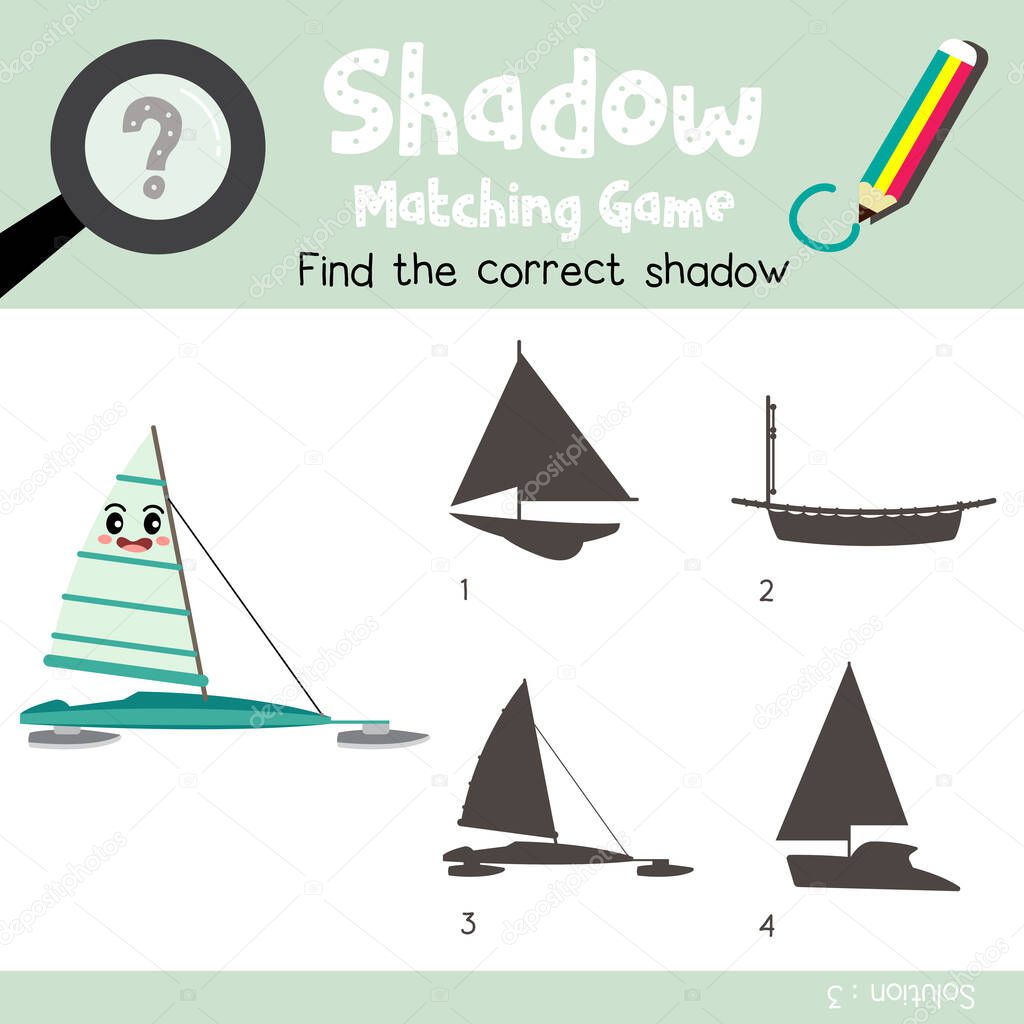 Shadow matching game of Ice Sailing cartoon character side view transportations for preschool kids activity worksheet colorful version. Vector Illustration.