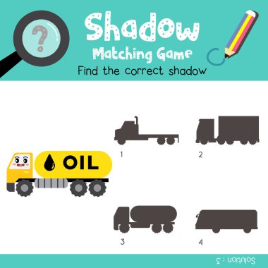Gölge eşleştirme oyunu Oil Tanker Truck çizgi film karakteri anaokulu öğrencileri için yan görünüm taşımacılığı renkli versiyonu. Vektör İllüstrasyonu.