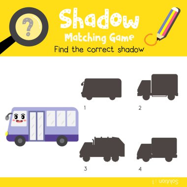 Shadow matching game of Minibus cartoon character side view transportations for preschool kids activity worksheet colorful version. Vector Illustration. clipart