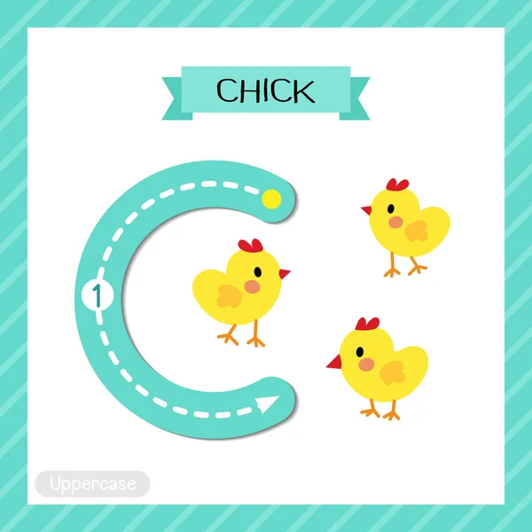 字母C大写字母C可爱的孩子们五彩缤纷的动物园动物Abc字母追踪卡片小鸡学习英语词汇和笔迹矢量图解 — 图库矢量图片
