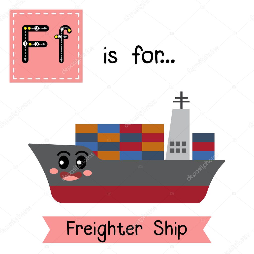 Letter F cute children colorful transportations ABC alphabet tracing flashcard of Freighter Ship for kids learning English vocabulary Vector Illustration.