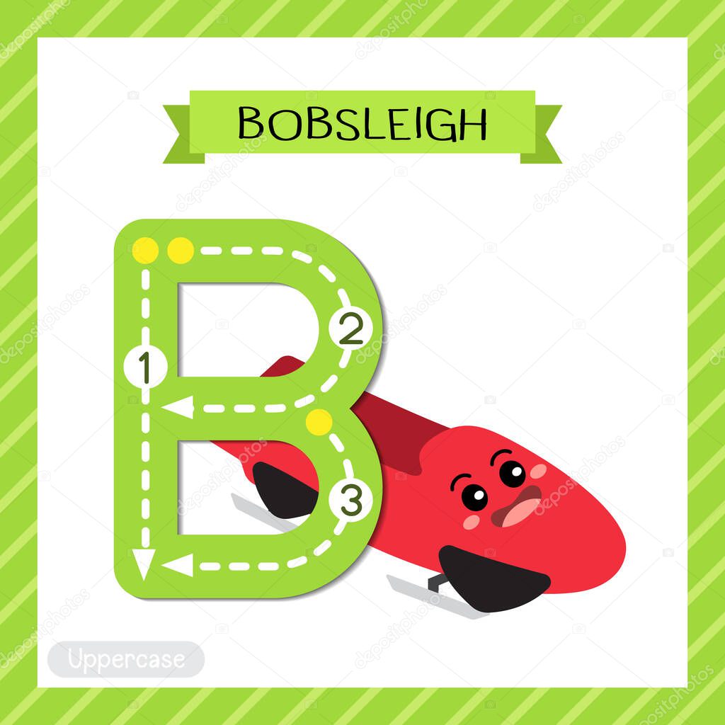 Letter B uppercase cute children colorful transportations ABC alphabet tracing flashcard of Bobsleigh for kids learning English vocabulary and handwriting Vector Illustration.