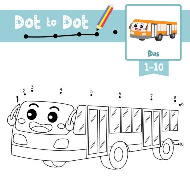 Noktadan noktaya eğitici oyun ve şirin otobüs karikatür karakter perspektifi boyama kitabı anaokulu çocuk aktiviteleri için ulaşım 1-10 'u saymayı ve el yazısı çalışma kağıdını öğrenmekle ilgili. Vektör İllüstrasyonu.